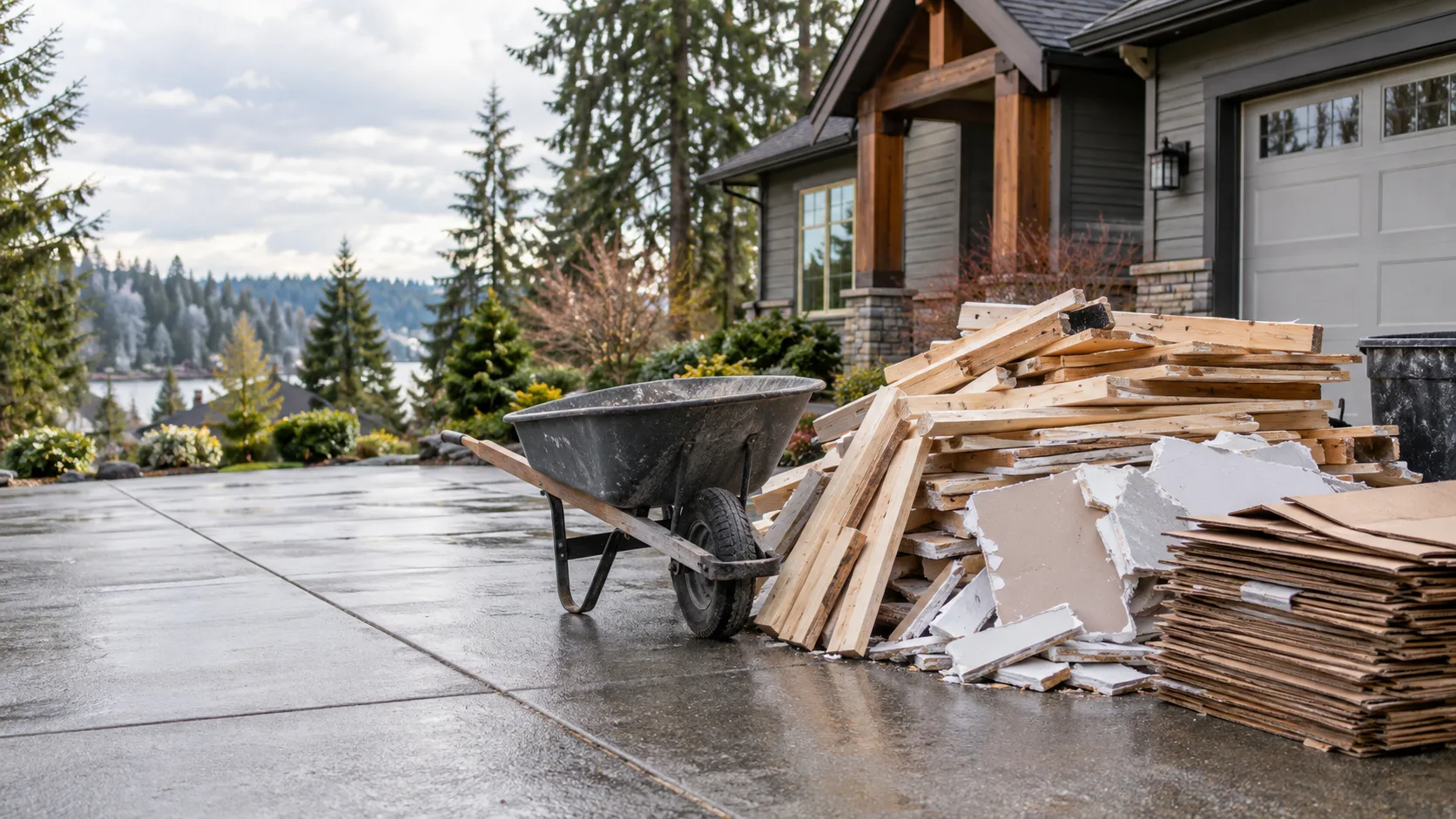Construction debris staged for pickup on a Bothell-area driveway