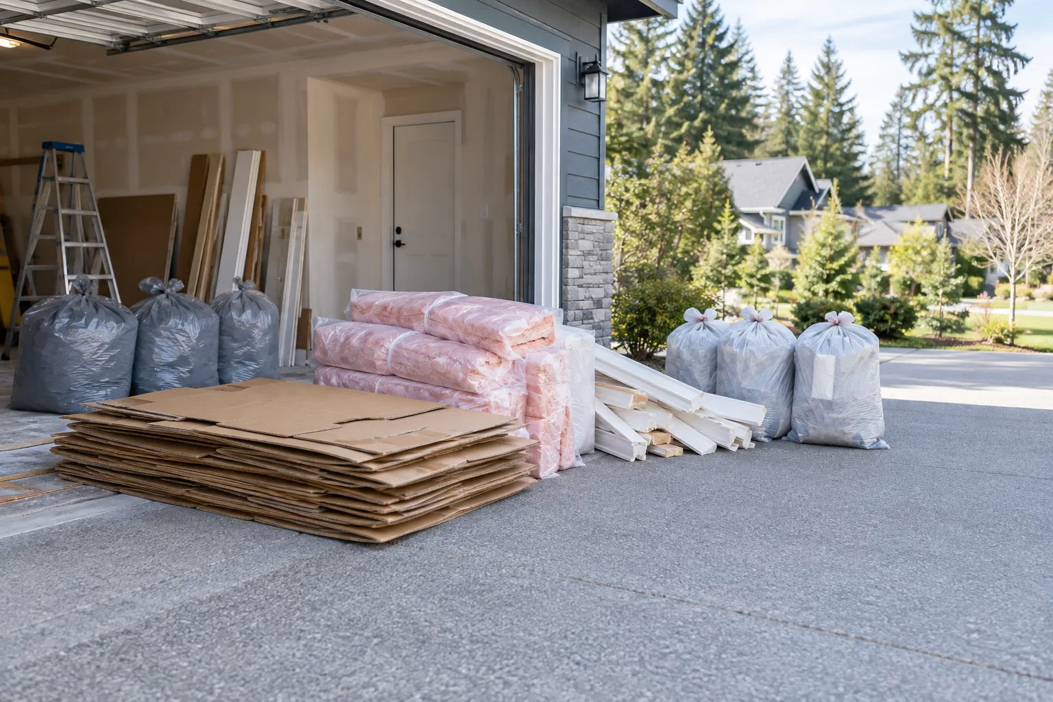 Sorted renovation debris staged outside a residential garage